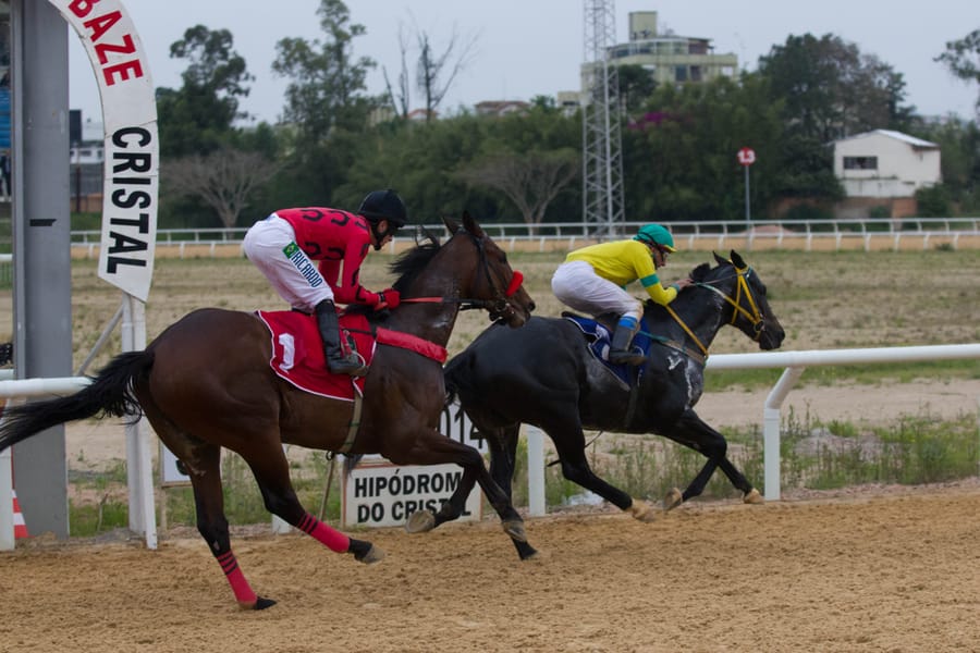 Dois cavalos disputam a chegada diante da placa do Hipódromo do Cristal